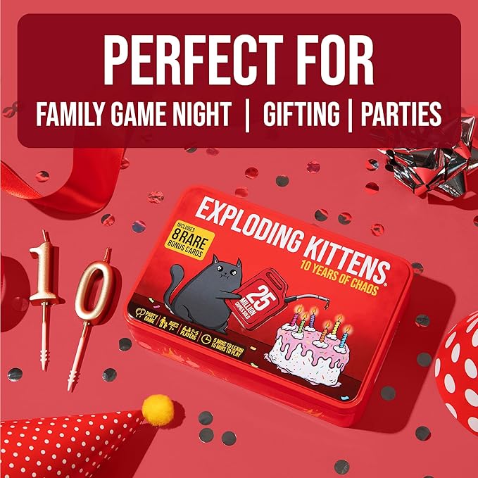 Exploding Kittens -10th Anniversary Collectible Tin (Limited Edition) – Updated with 8 Legacy Cards – Hilarious Fast-Paced Card Game for Adults and Kids, Travel Friendly, Ideal for Family Game Night