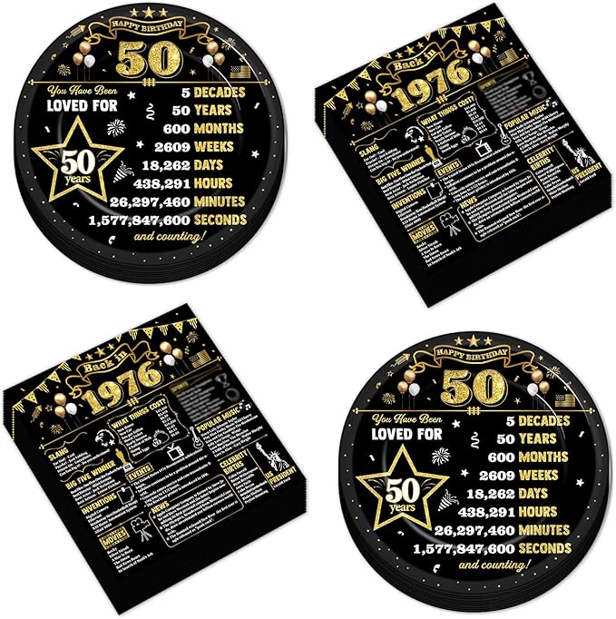 CHUNNIN 50Pcs 50th Birthday Plates and Napkins Back in 1976 Party Decorations Black Gold 50 Year Old Party Dessert Plates 1976 Disposable Tableware for 50th Theme Men Woman Birthday Supplies