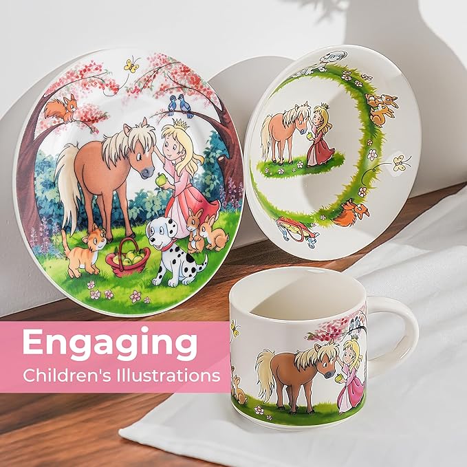 MIAMIO – Set of 3 Kids Dinnerware Set/Porcelain Children Dishes, Kids Dish Set, Children’s Tableware Set - Includes Plate, Bowl and Cup – For Kids and Toddler (Princess)