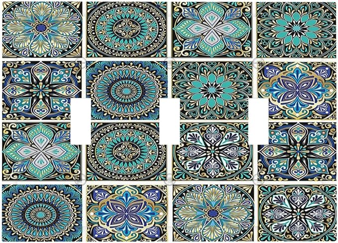 Decorative Switch Plates Mandala Decorative Rustic Vintage Turquoise Pattern 3 Gang Wall Plate Triple Toggle Light Switch Cover Faceplate Electrical Wall Panels for Bedroom Bathroom