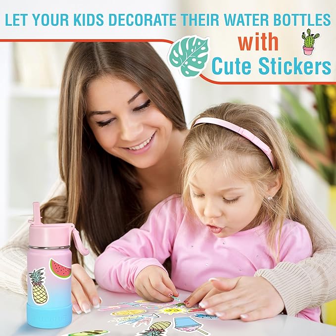 CHILLOUT LIFE 22 oz Kids Insulated Water Bottle for School with Straw Lid Leakproof and Cute Waterproof Stickers, Personalized Stainless Steel Thermos Flask Metal Water Bottle, Dishwasher Safe Color