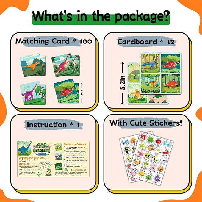 zheyistep 100 PCS Dinosaur Matching Game for Kids Toddlers Memory Game, Toddler Match Dinosaur Games Concentration Card Game for Boys Girls Preschool Learning Activities
