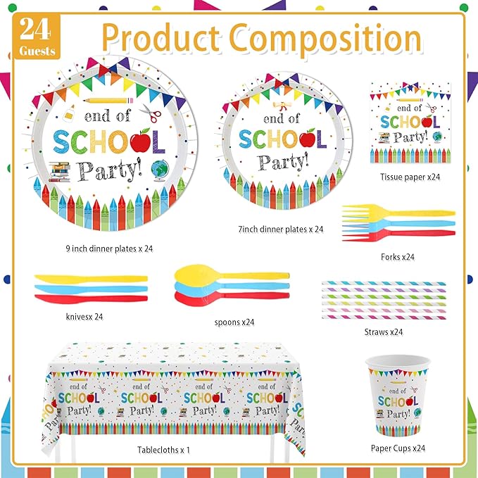 MEHOFOND End of School Party Decorations Tableware Set 193 Pcs, School Out Graduation Disposable Plates Cups Napkins Cutlery with Plastic Tablecloth for Kids Classroom Graduation Party