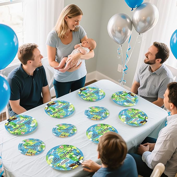 96Pcs Earth Day Baby Shower Party Supplies Adventure Travel Around The World Plates and Napkins World Map Explorer Disposable Tableware Sets for Kids Birthday Baby Shower Party Decorations Serves 24