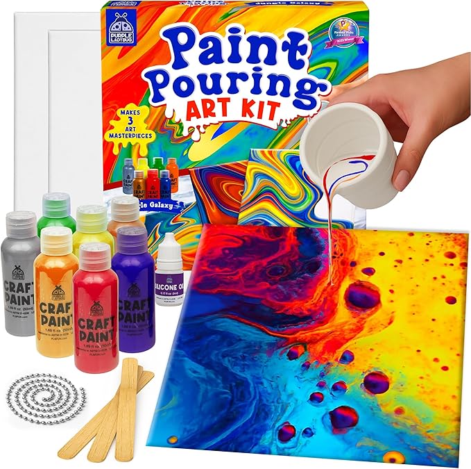 PURPLE LADYBUG Paint Pouring Kit - Painting Kit for Kids, Art and Crafts for Kids Ages 8-12, Gifts for 6 7 8 9 10 11+ Year Old Boys & Crafts for Girls 8-12, Birthday Gifts for Girls, Tween & Teen Girl