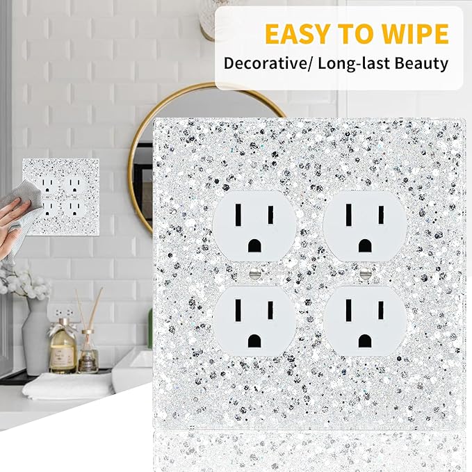 Shiny Silver Double Duplex Outlet Cover Plate,Glitter Never Peel Off,2-Gang 5.1''x5.1'',Bling Decor for Girls Room