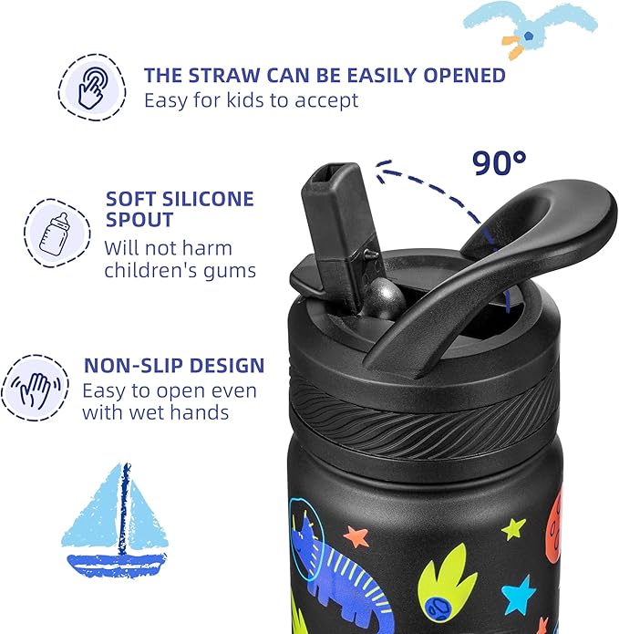 Fanhaw 18 Oz Kids Insulated Water Bottle with Straw - Stainless Steel Double Wall Vacuum Cup, Leakproof, BPA Free, Suitable for Boys and Girls(Black - Space Dinasour)