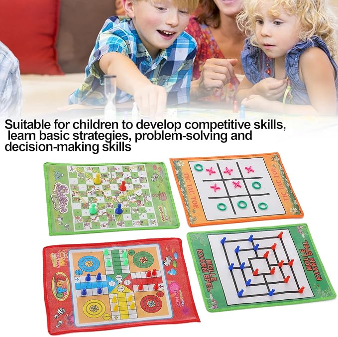 SUNGOOYUE 4 in 1 Kid Chess Set, Soft Foldable Portable Board Game with Snake Ladder Ludo Nine Men Morris, for Family Indoor Outdoor Travel Kids Age 3+