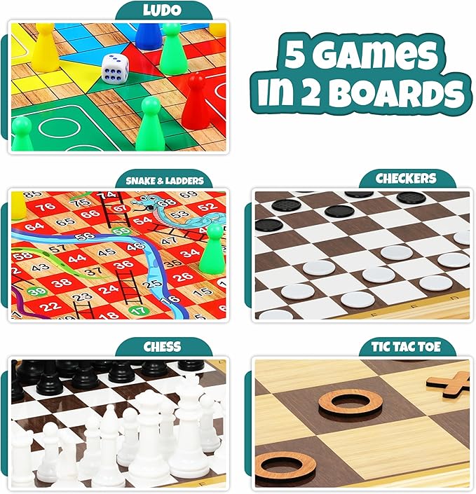Ankit Toys & Games 5-in-1 Wooden Board Game Set Includes Ludo, Snakes & Ladders, Chess, Checkers, and Tic Tac Toe. Portable Fun for Kids, Adults and Family Game Nights | 2 Reversible Boards