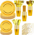 200 PCS Gold Disposable Party Supplies, Disposable Party Tableware Set with Gold Paper Plates, Paper Cups, Napkins, Plastic Knives, Forks and Spoons （25 Guests）