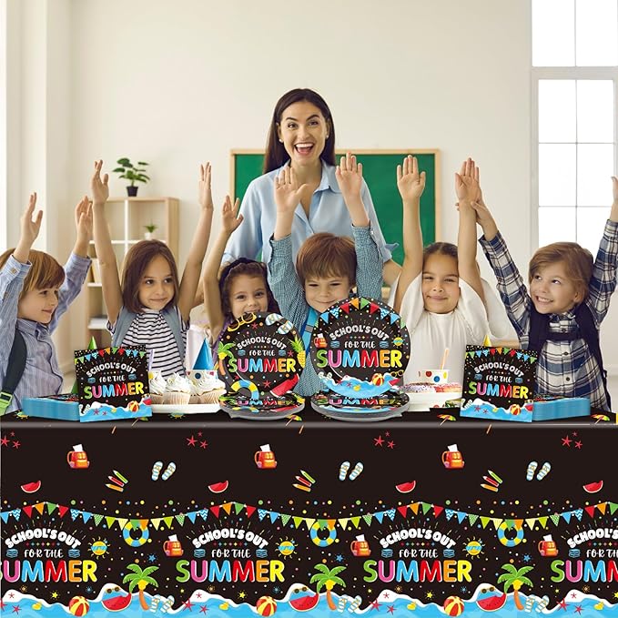 School's Out for The Summer Tableware Set for Kids Class End of School Year Theme Plates Supplies School's Out Plates Napkins Tablecloths Serves 24 Guests Graduation Preschool Party Decorations Favors