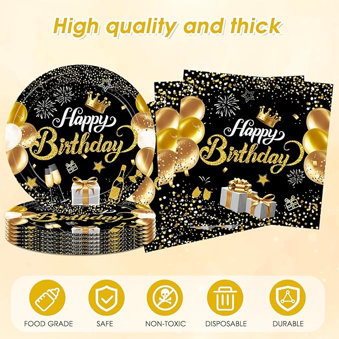 Black and Gold Party Decorations,41Pcs Happy Birthday Plates and Napkins Set Include Black Gold Paper Plates,Napkins,Tablecloth,for Men Women Happy Birthday Party Decorations Supplies,Serves 20