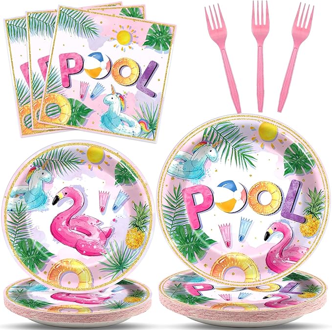 96Pcs Pink Pool Party Plates and Napkins Summer Beach Birthday Party Supplies Ball Theme Flamingos Unicorns Dessert Plates Forks Tableware Disposable for 24 Guests Girls Hawaii Birthday Decorations