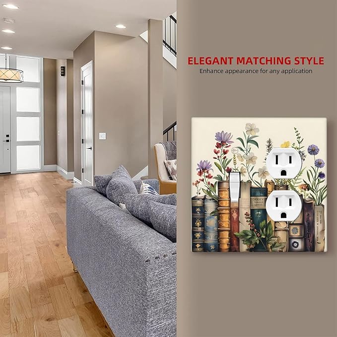 Plant Floral Books Colorful Flower Wallplates 1 Toggle 1 Duplex Switch Plate Electrical GFCI Faceplate Decorative Light Switch Covers for Kids Room Bedroom Decor