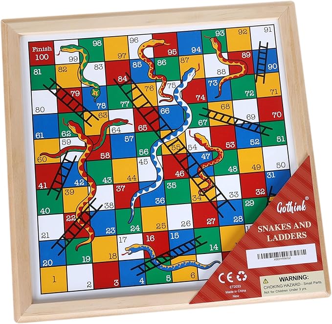 Gothink Wooden Snakes and Ladders Game - 13 Inch Educational Board Game for Children Ages 3 and Up & Adults - Classic Board Game Includes 6 Counters & 2 Dice, Rules