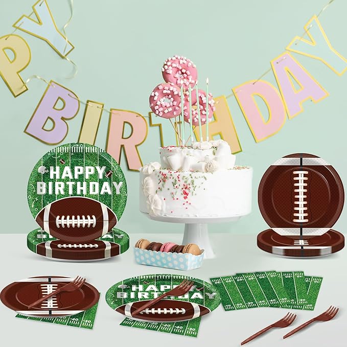 100 Pcs Football Party Supplies Set Football Birthday Plates and Napkins Sports Party Tableware Packs Decorations Sports Disposable Paper Plates Napkins Forks Serve 25