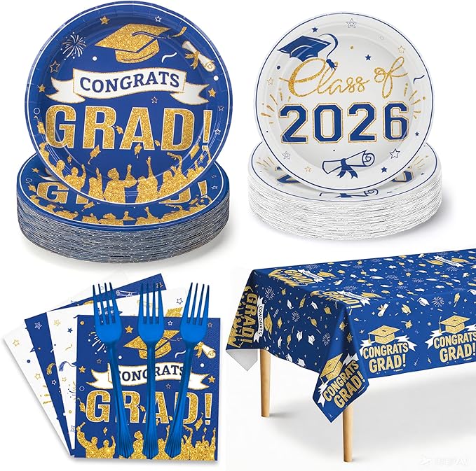 Graduation Plates and Napkins 2026,97Pcs Blue Disposable Grad Plates Class of 2026 Dessert Plates Napkins,Tablecloth,Forks,Graduation Decorations for Congrats Grad Party,Serve 24