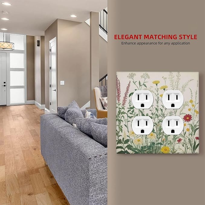 Rustic Wildflower Green Plants Daisy Floral Outlet Covers 2 Gang Double Duplex Decorative Light Switch Covers Electrical Wallplates Socket Faceplate For Farmhouse Bed Room Decor