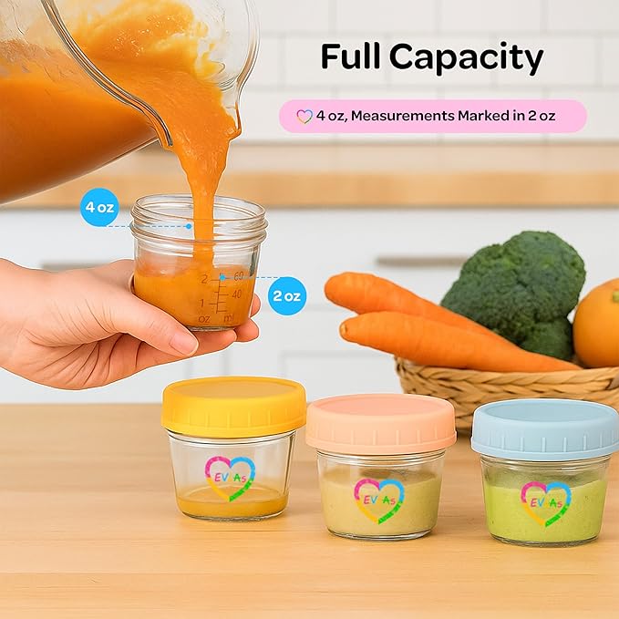 EVLA'S Baby Food Containers 12-Pack - 4 oz Glass Jars with Lids - BPA-Free, Microwave, Freezer, and Dishwasher Safe Glass Baby Food Jars or Toddler Snack Containers for Kids Purees or Breastmilk