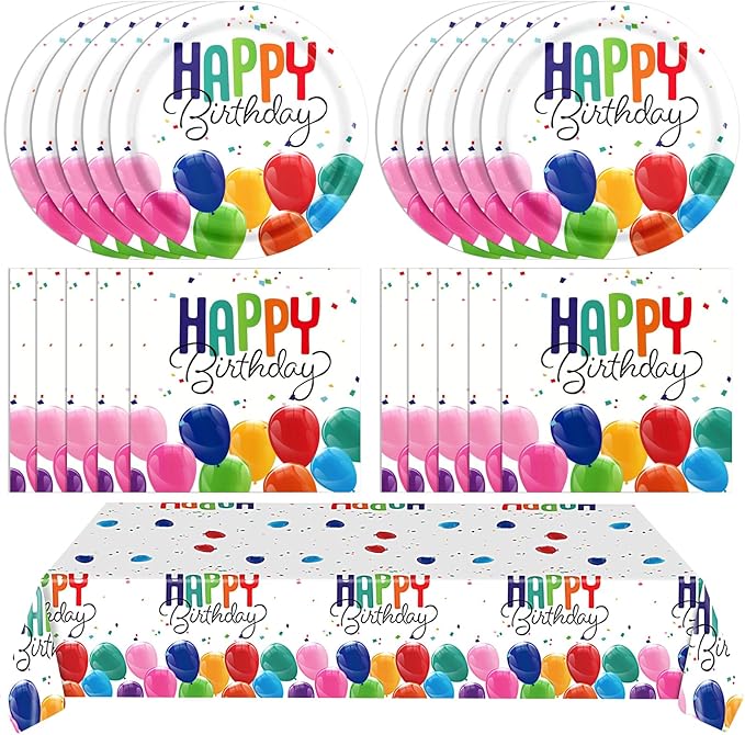 41PCS Happy Birthday Decorations Colorful Birthday Themed Decorations Includes Disposable Paper Plates and Napkins,Tablecloth for Kids' Boys Girls Baby Shower