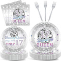 CHUNNIN 96Pcs Dancing Queen Plates and Napkins for 17 Birthday Party Decorations for Girls Silver 17 Year Old Dessert Plates Dancing Queen Tableware Set for 24 Guests 17 Birthday Party Supplies
