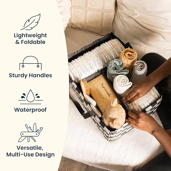 Tiny Twinkle Diaper Caddy Organizer | Foldable Baby Storage Basket with Removable Divider | Waterproof & Mess-Proof Fabric, Portable Nursery Organizer for Newborn Essentials (Sage Checkers)