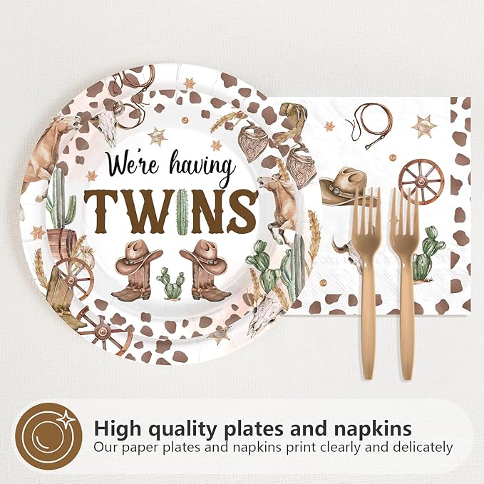 96Pcs Cowboys Twins Baby Shower Party Decorations Two Little Cowboys are On The Way Plates and Napkins Disposable Brown Wild West Tableware Set for Twins Boys Baby Shower Party Supplies Serves 24