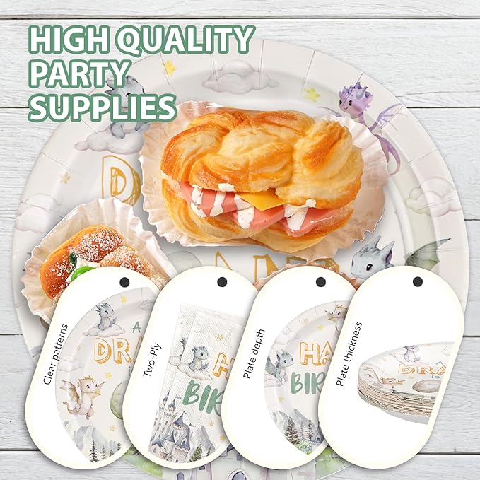 96Pcs Dragon Baby Shower Party Decorations A Little Dragon is Turning One Plates and Napkins Cartoon Dinosaur Theme Tableware Sets for Kids 1st Welcome Baby Birthday Party Supplies Serves 24
