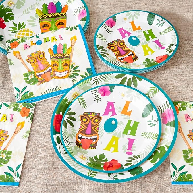 WERNNSAI Hawaiian Luau Party Supplies - 48 PCS Luau Plates And Napkins Tropical Tiki Birthday Decorations Hawaiian Paper Plates Tableware Set for Summer Pool Beach Party Serves 16 Guests