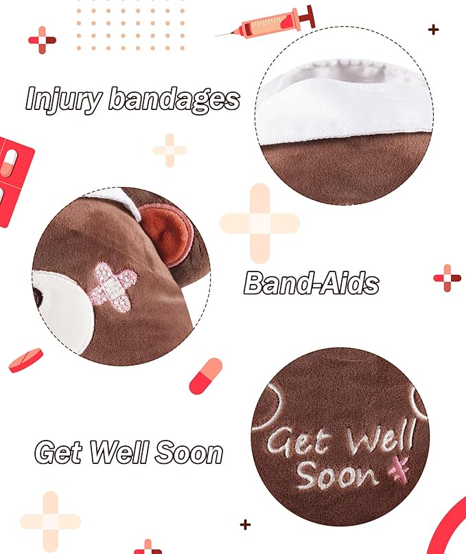Get Well Soon Plush Bear - Teddy Bear Plush Toy with Injury Bandage, Kids' Pillow Cushion, Get Well Soon Gifts for Patient Kids, Dark Brown, 8 Inch