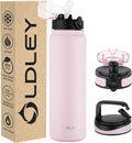 Oldley Insulated Water Bottle 32oz Water Bottles with Straw, Stainless Steel Water Bottle with 3 Lids, Double Wall Vacuum Bottels for Adults Kids, Leak-Proof Sport Bottles for School Travel, Pink
