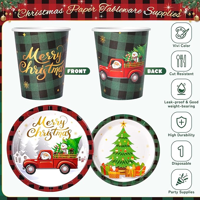 Merry Christmas Party Tableware Supplies, 168PCS Christmas Paper Plates Napkins Cups and Gold Cutlery Set, 24 Set Red Plaid Xmas Disposable Dinnerware Set for Party Decorations