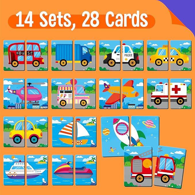 SpriteGru Vehicle Memory Game, 28 Chunky Cards Transportation Theme Head Tail Matching Game 1-5 Players Land/Water/Air Vehicles Memory Matching Game for Preschoolers, Toddlers, Kids