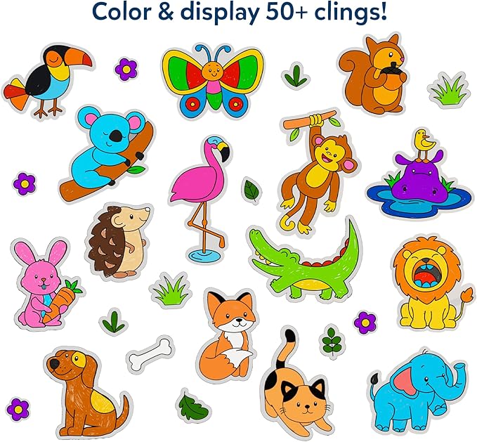 Skillmatics Cling Art – Color Clingz Animals, 50+ Reusable Static Stickers, Mess-Free Fun for Kids, DIY Craft Kits & Supplies, Travel Toys, Creative Gifts for Boys and Girls Ages 3, 4, 5, 6, 7