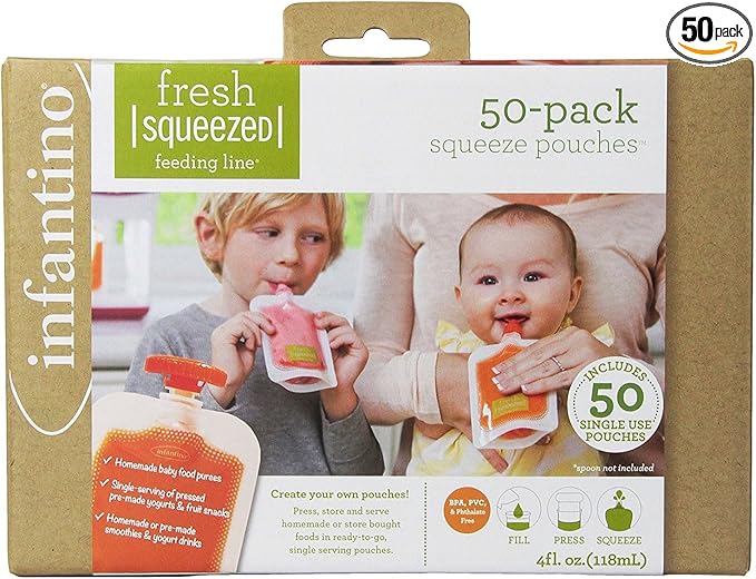 Infantino Disposable Squeeze Pouches, Baby Food Pouches for Portable Homemade Semi-Solid Food for Babies and Toddlers, BPA and PVC free, Freezer Safe, 50-Pack