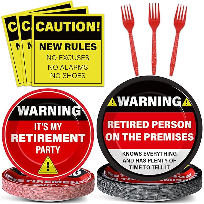 Qyeahkj 100 Pcs Funny Happy Retirement Party Supplies Caution Retirement Paper Plates and Napkins Set Disposable Warning Sign Tableware Decorations for Men Women Farewell Going Away Party Serves 25