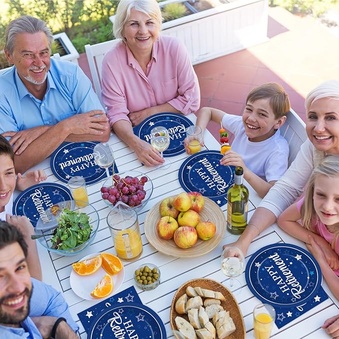 Qyeahkj 48Pcs Happy Retirement Paper Plates and Napkins Retirement Party Decoration Farewell Party Supplies Blue Silver Disposable Paper Dessert Tableware Set for Women Men Leaving Graduation Serve 25