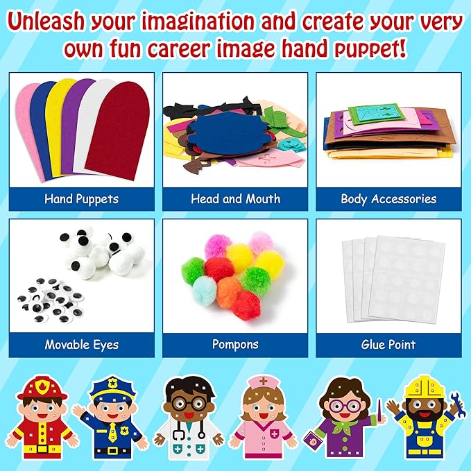 WATINC 6Pcs Hand Puppet Making Kit, Art Craft Felt Sock Puppet Toys, Creative DIY Make Your Own Pompoms Wiggle Googly Eyes Storytelling Role Play Party Supplies Gift for Girls Boys (Career A)
