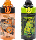 Zak Designs Hot Wheels Sage Kids Water Bottle For School or Travel, 16oz Durable Plastic Water Bottle With Straw, Handle, and Leak-Proof, Pop-Up Spout Cover, 2-Pack Set (Monster Trucks)