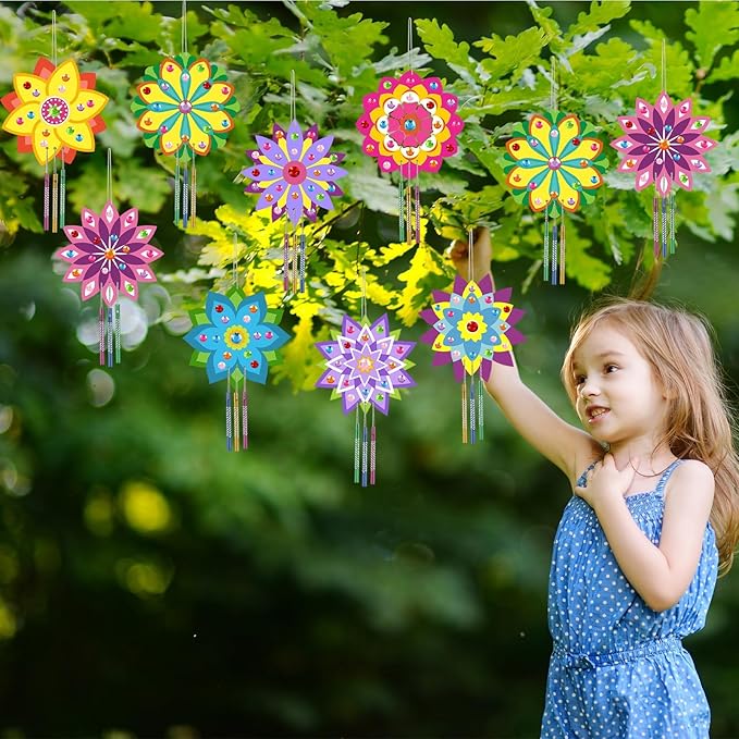 gisgfim 16 Pack Diwali Lotus Flower Wind Chime Crafts Kits for Kids Make Your Own Mandala Wind Chime Wooden DIY Arts and Crafts Decoration for Diwali Party School Classroom Supplies Favors
