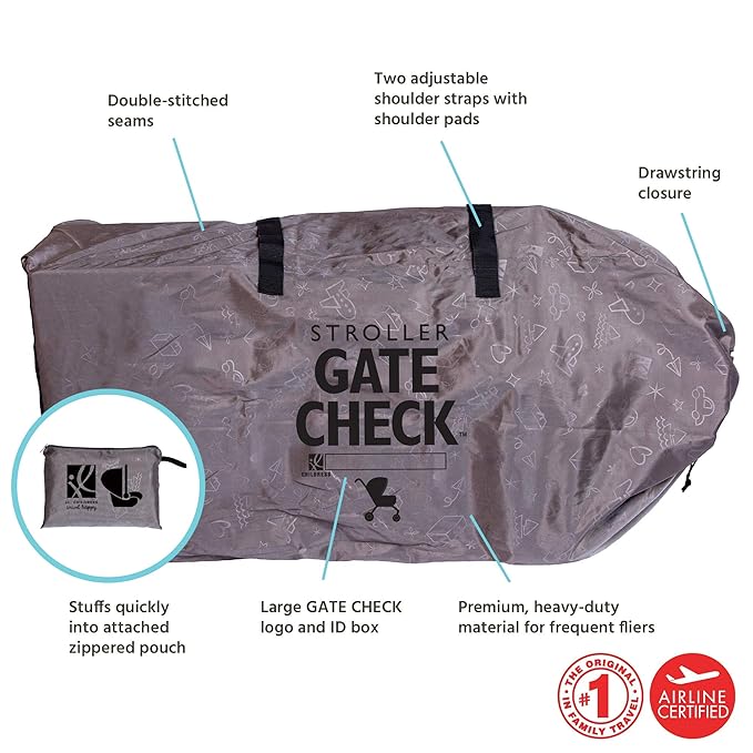 J.L. Childress Gate Check Bag for Single & Double Strollers - Travel Bag for Airplane, Fits Most Standard Baby Strollers, Airport Accessories for Gate Check, Flying Essentials - Deluxe, Grey