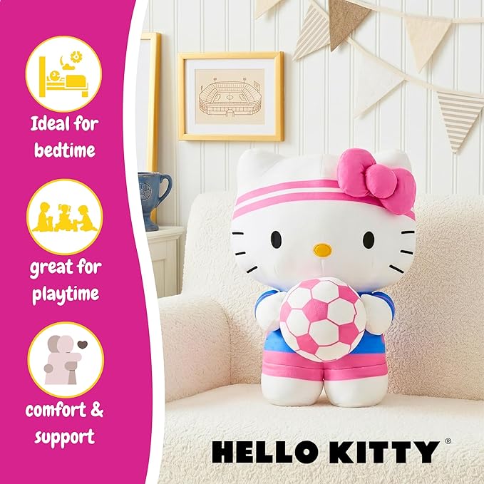 Hello Kitty Sports Soccer Plush Cuddle Pillow Buddy, Kids Bedding Super Soft Kawaii Pillow, 16.5" Tall, 2026 World Soccer Tournament (Officially Licensed Product) by Franco Collectibles