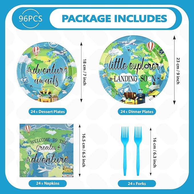 96Pcs Earth Day Baby Shower Party Supplies Adventure Travel Around The World Plates and Napkins World Map Explorer Disposable Tableware Sets for Kids Birthday Baby Shower Party Decorations Serves 24