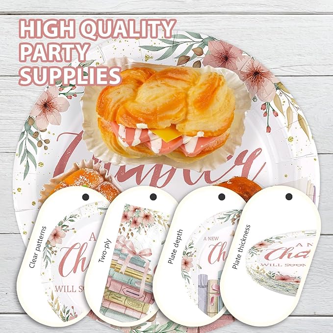 168Pcs A New Chapter Is About to Begin Baby Shower Decoration Storybook Plates Napkins Cups Forks Knives Spoons Pink Book Theme Paper Tableware for Gilrs Newborn Baby Shower Supplies Serves 24