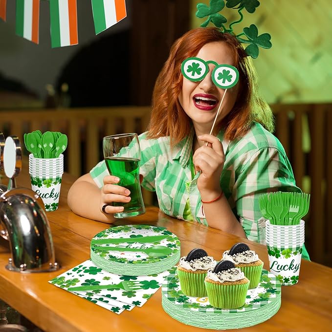 175 Pcs St. Patrick's Day Tableware Set - Serves 25, Green Lucky Shamrock and Plaid Disposable Plates, Cups, Napkins, Forks, Spoons, Knives for St. Paddy's Day, Irish-Themed Birthday Party Supplies