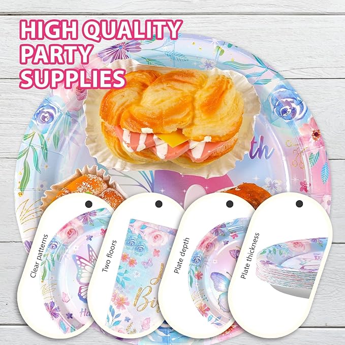 Grencian 96Pcs Butterfly 6th Birthday Party Decorations Butterflies Theme Disposable Sets for Girl Colorful Butterfly Plates, Napkins and Forks, 6 Years Old Birthday Party Supplies Serves 24