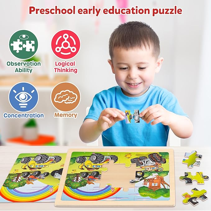 SYNARRY Large Wooden Monster Truck Puzzles for Kids Gift Box(12.2*9.4 in), 24 Piece Puzzles for Toddlers 3-5, Wood Jigsaw Puzzles for Kids Ages 4-6, Easter Basket Stuffers Gifts for Kids