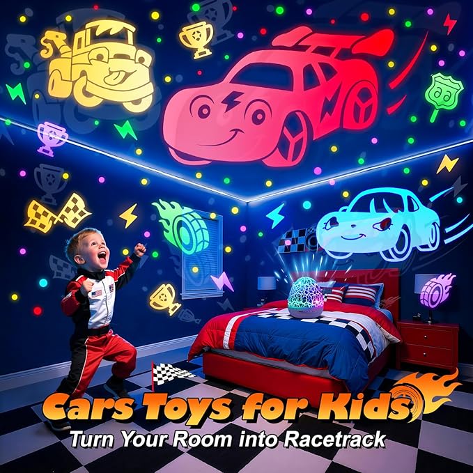 PIKOY Toddler Toy Cars Toy Projector | 6HD Films+15 Sounds+31 Colors+Remote Control+360°Rotating | Egg Light for Nursery Toy Cars for Toddlers 1-3 Toys for Boys Age 4-7 Boy Birthday Gifts 1-8 Years