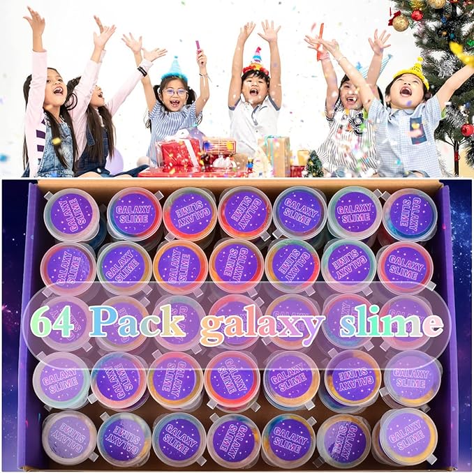 64 Pack Mini Bulk Galaxy Slime Kit Party Favors, Stretchy, Stress Relief, and Safe for Girls and Boys Classroom Reward, Easter Party Supplies,End of Year Student Gifts