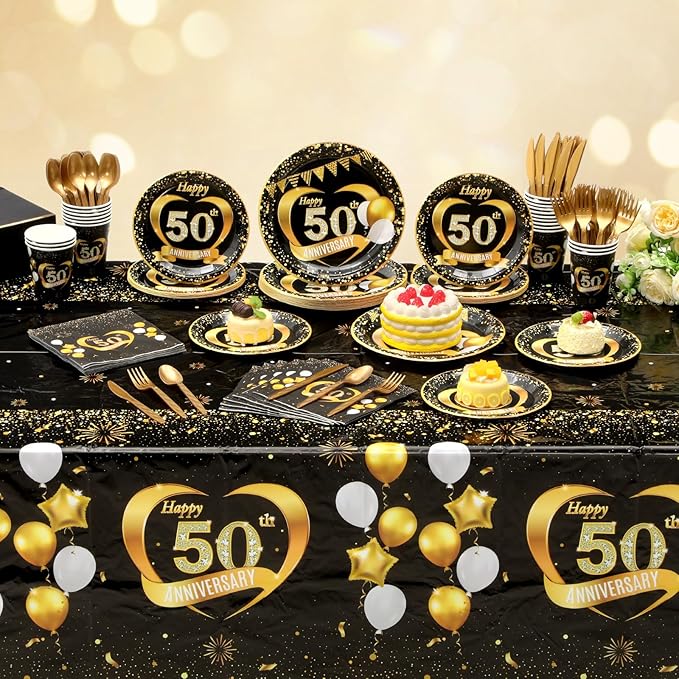 Pickmesh 194 Pcs Black Gold 50th Wedding Anniversary Party Decoration for 24, Happy 50th Anniversary Paper Plates and Napkins Cups Tablecloth Cutlery Set for Employee Career 50 Years Women Men
